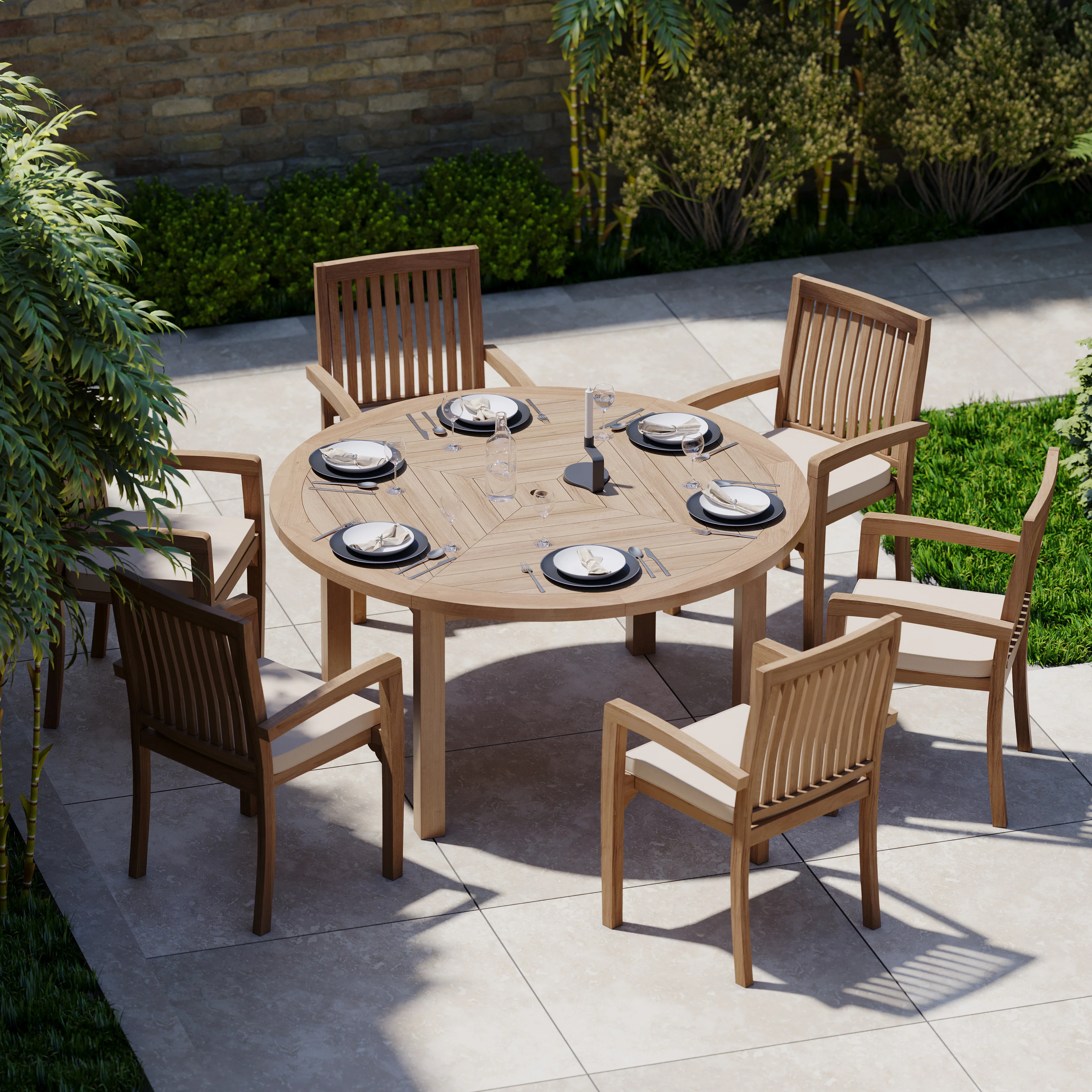 6 Seater Teak Garden Dining Set – Luxor 150cm Round Table, 4cm Top with Henley Stacking Chairs - Image 2