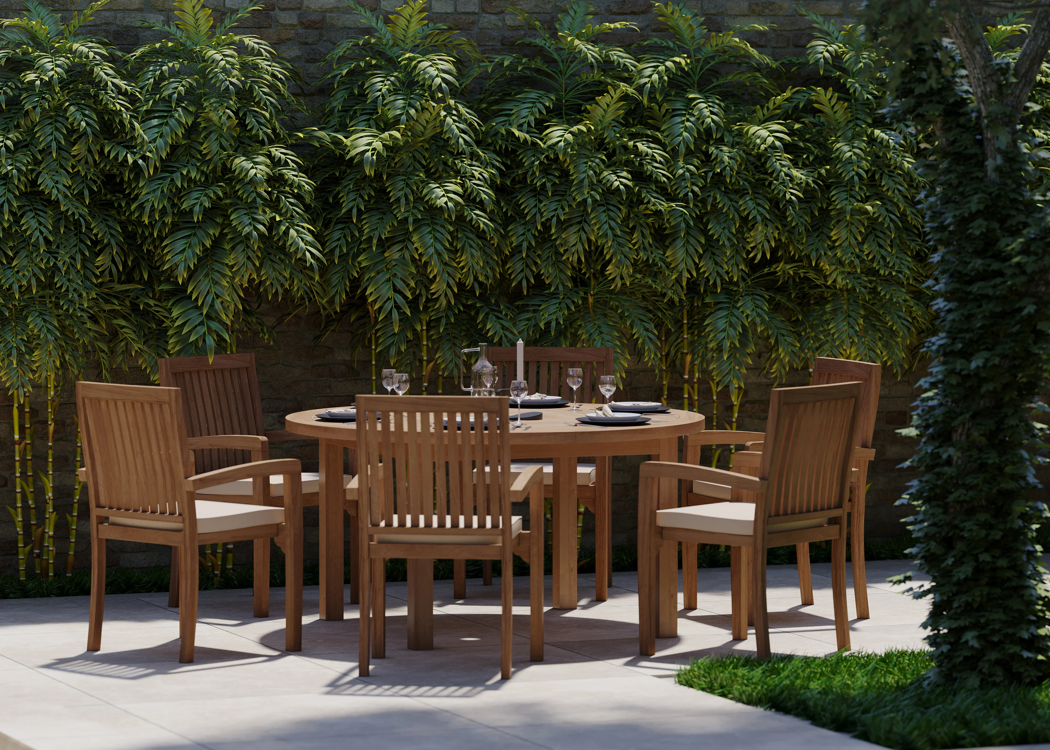 6 Seater Teak Garden Dining Set – Luxor 150cm Round Table, 4cm Top with Henley Stacking Chairs - Image 3