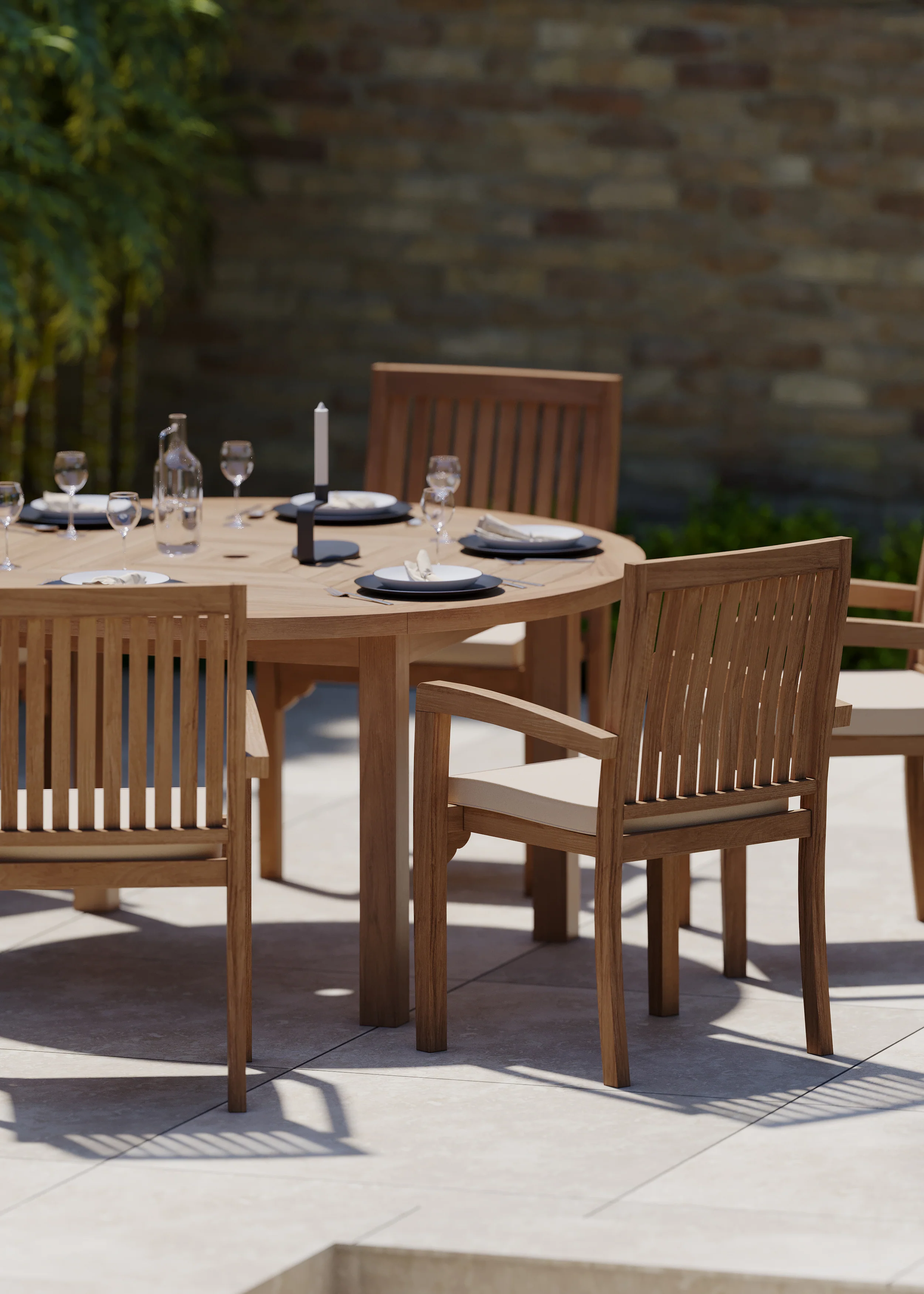 6 Seater Teak Garden Dining Set – Luxor 150cm Round Table, 4cm Top with Henley Stacking Chairs - Image 4