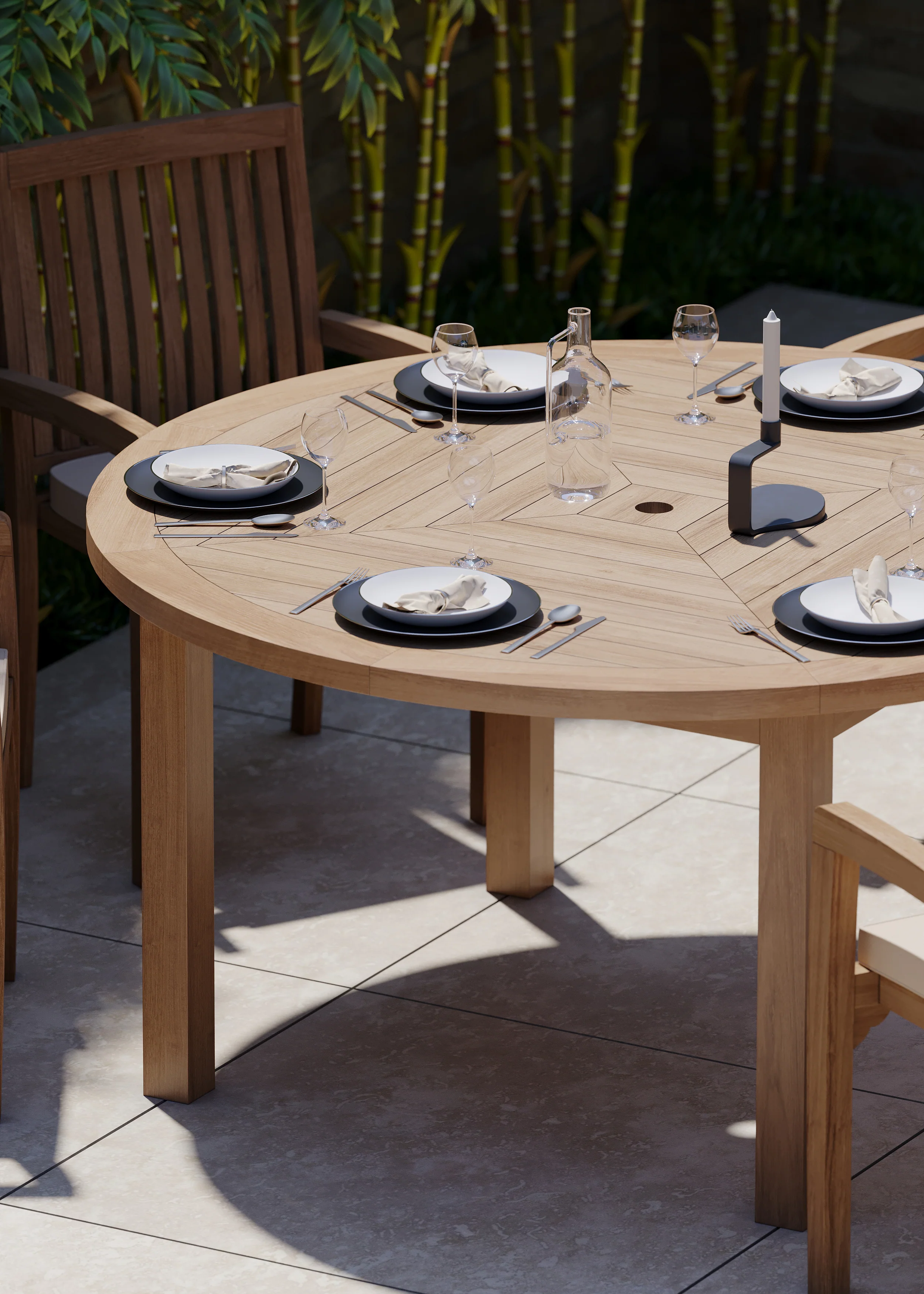 6 Seater Teak Garden Dining Set – Luxor 150cm Round Table, 4cm Top with Henley Stacking Chairs - Image 5