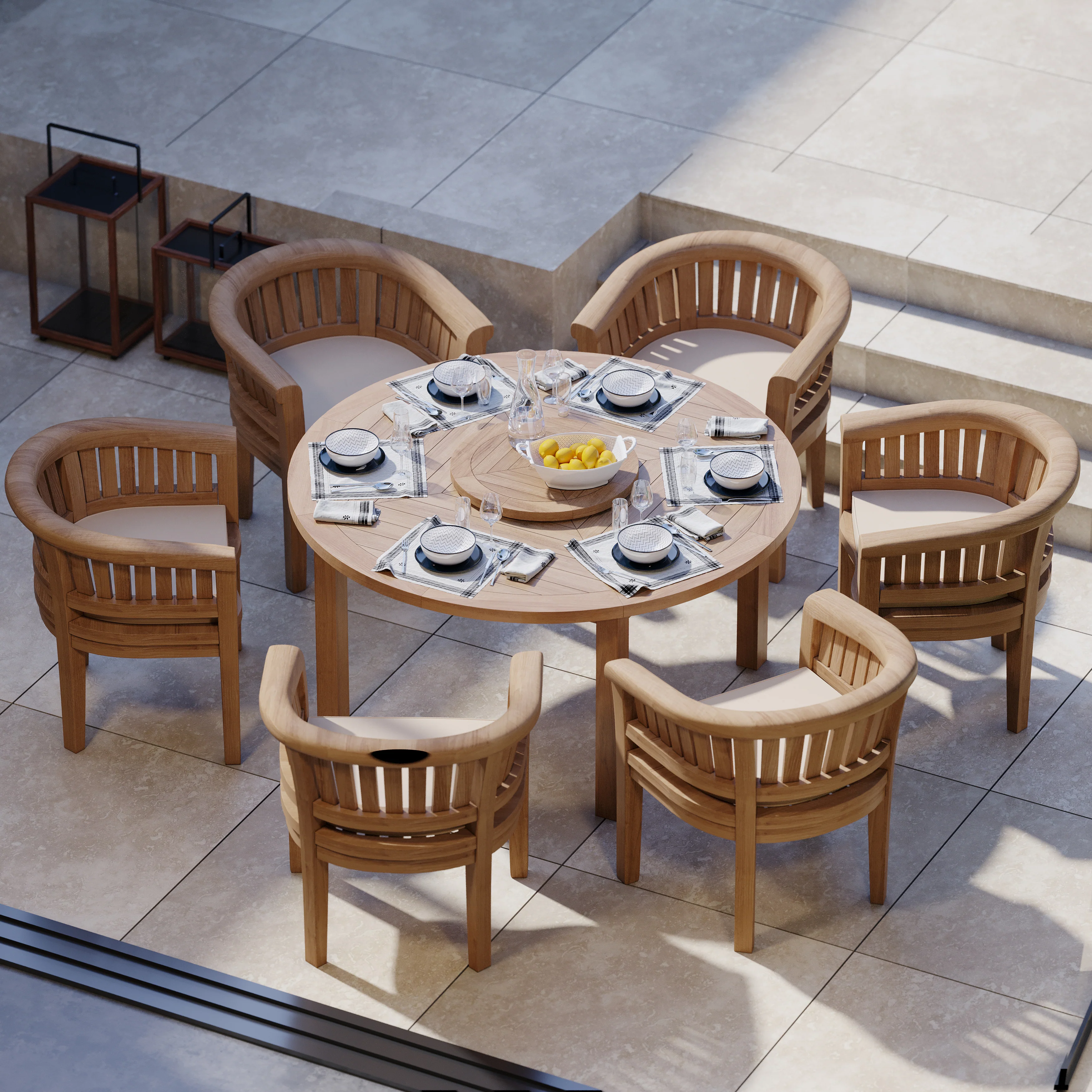 6 Seater Teak Garden Dining Set – Luxor 150cm Round Table, 4cm Top with San Francisco Chairs