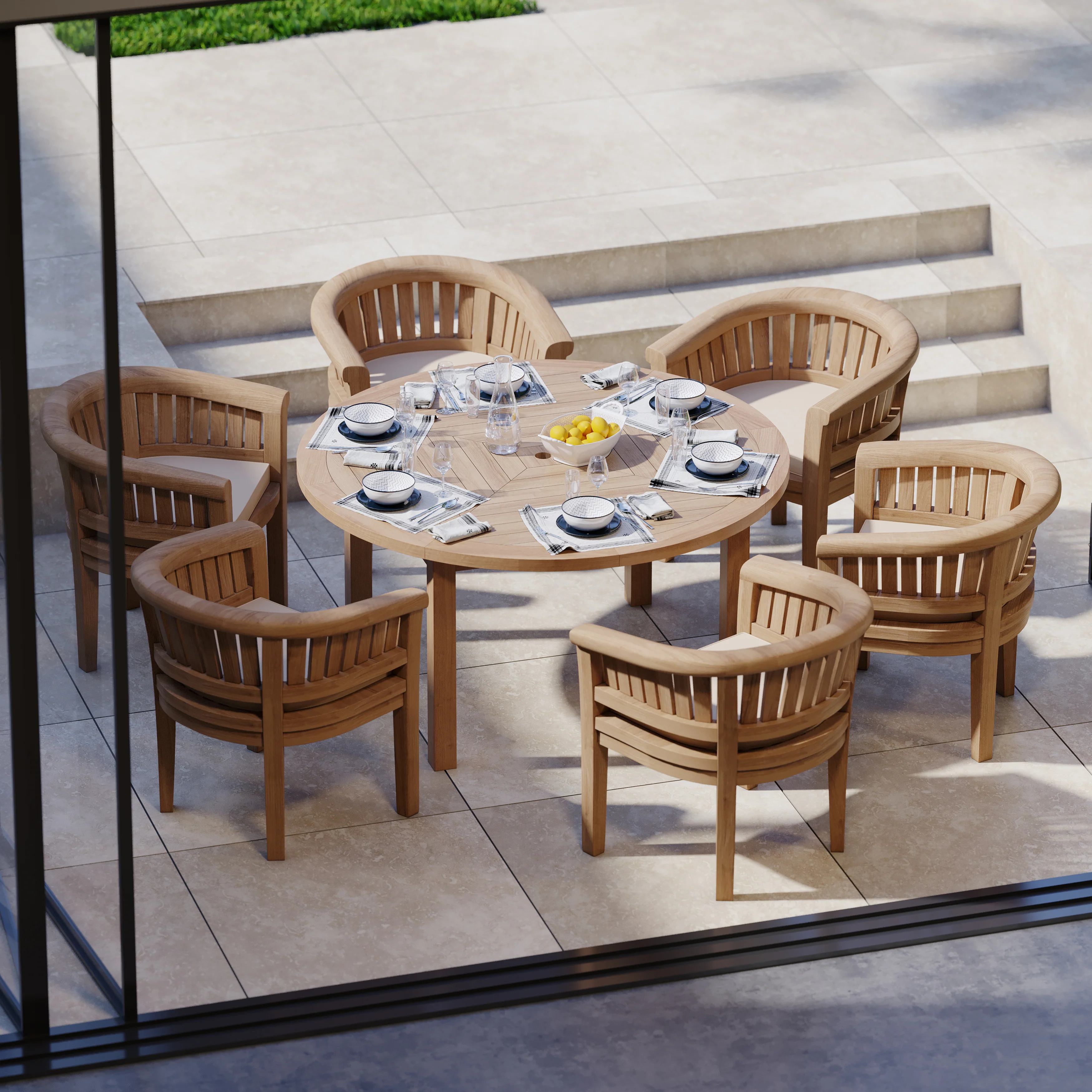 6 Seater Teak Garden Dining Set – Luxor 150cm Round Table, 4cm Top with San Francisco Chairs - Image 2