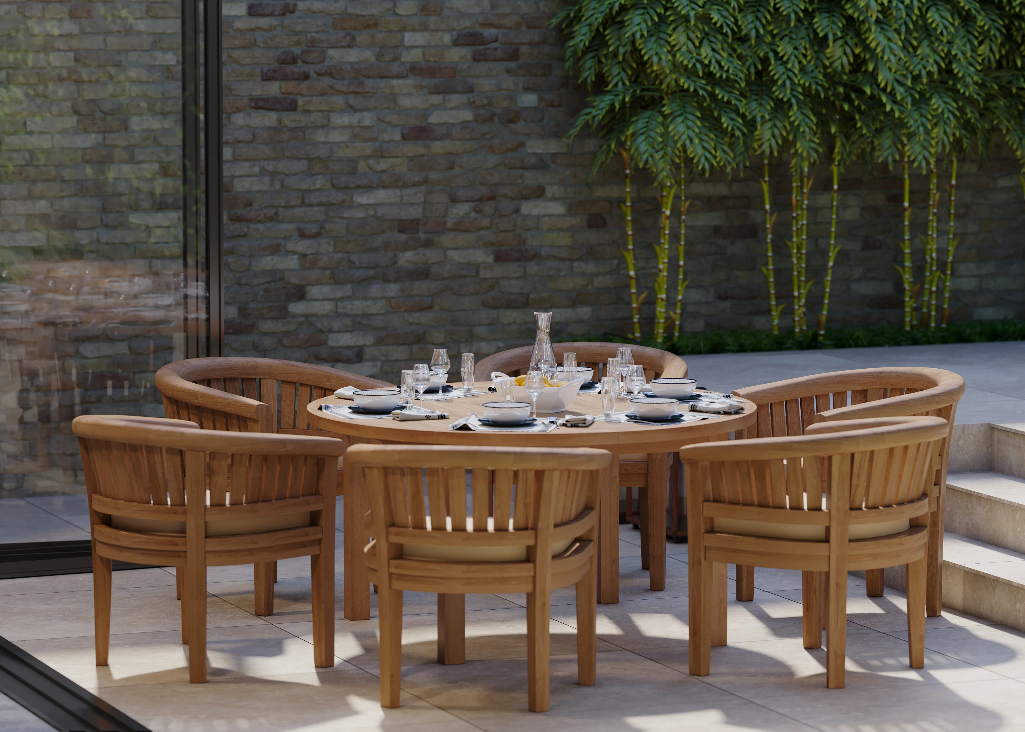 6 Seater Teak Garden Dining Set – Luxor 150cm Round Table, 4cm Top with San Francisco Chairs - Image 3