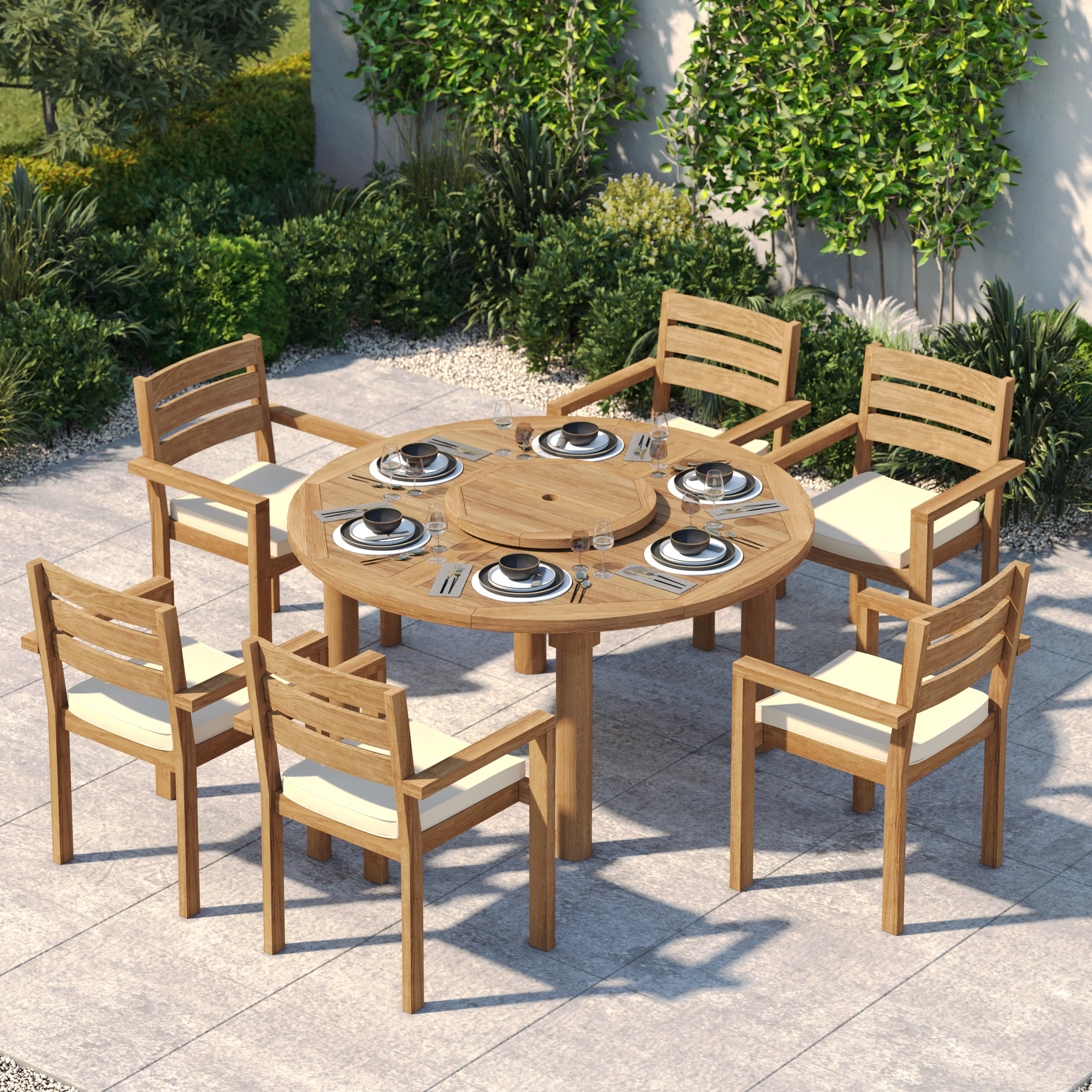 6 Seater Teak Garden Dining Set – 150cm Maximus Round Table with Marlow Stacking Chairs