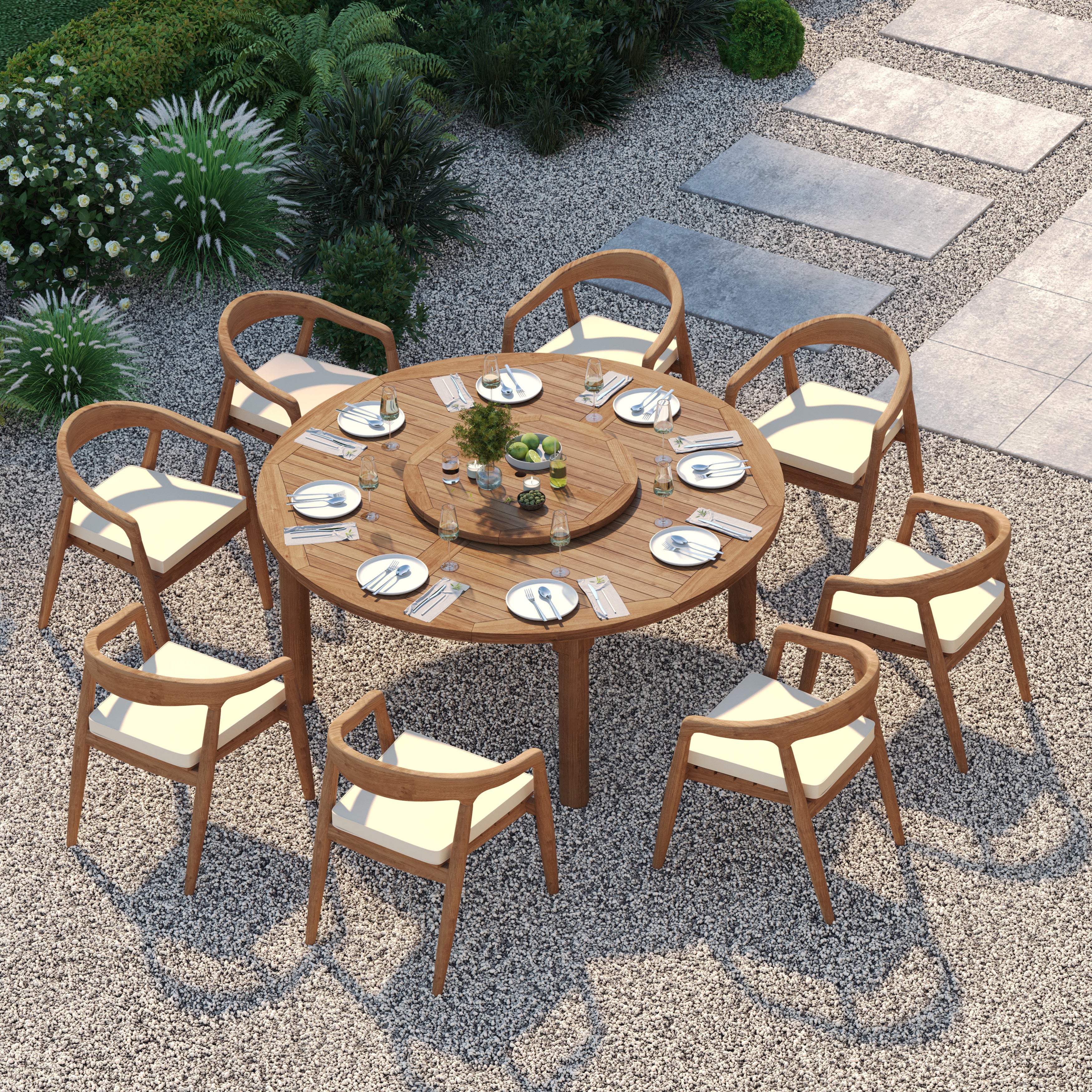 8 Seater Teak Garden Dining Set – 180cm Maximus Round Fixed Table, 4cm Top with Sydney Chairs