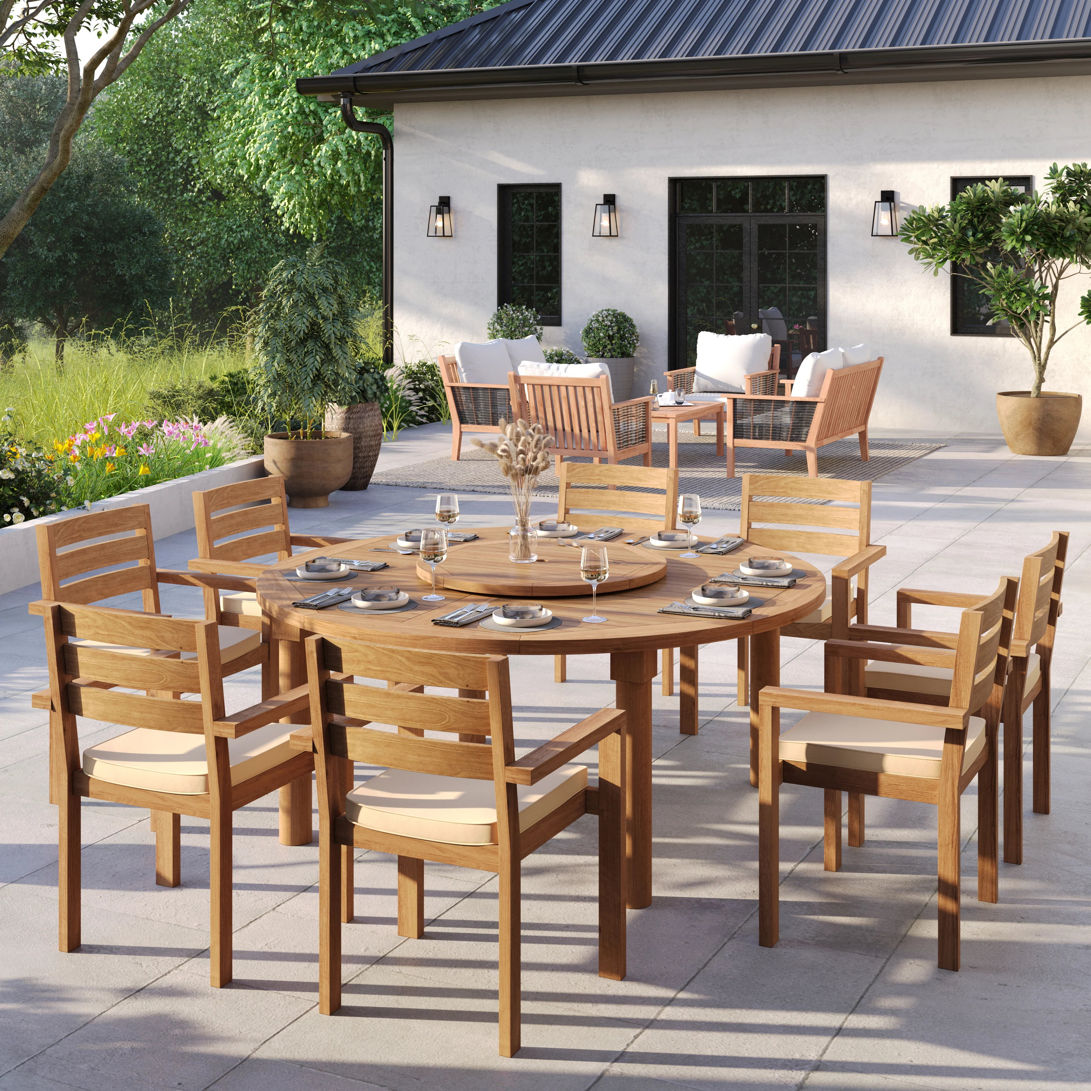 8 Seater Teak Garden Dining Set – 180cm Maximus Round Fixed Table with Marlow Stacking Chairs - Image 3