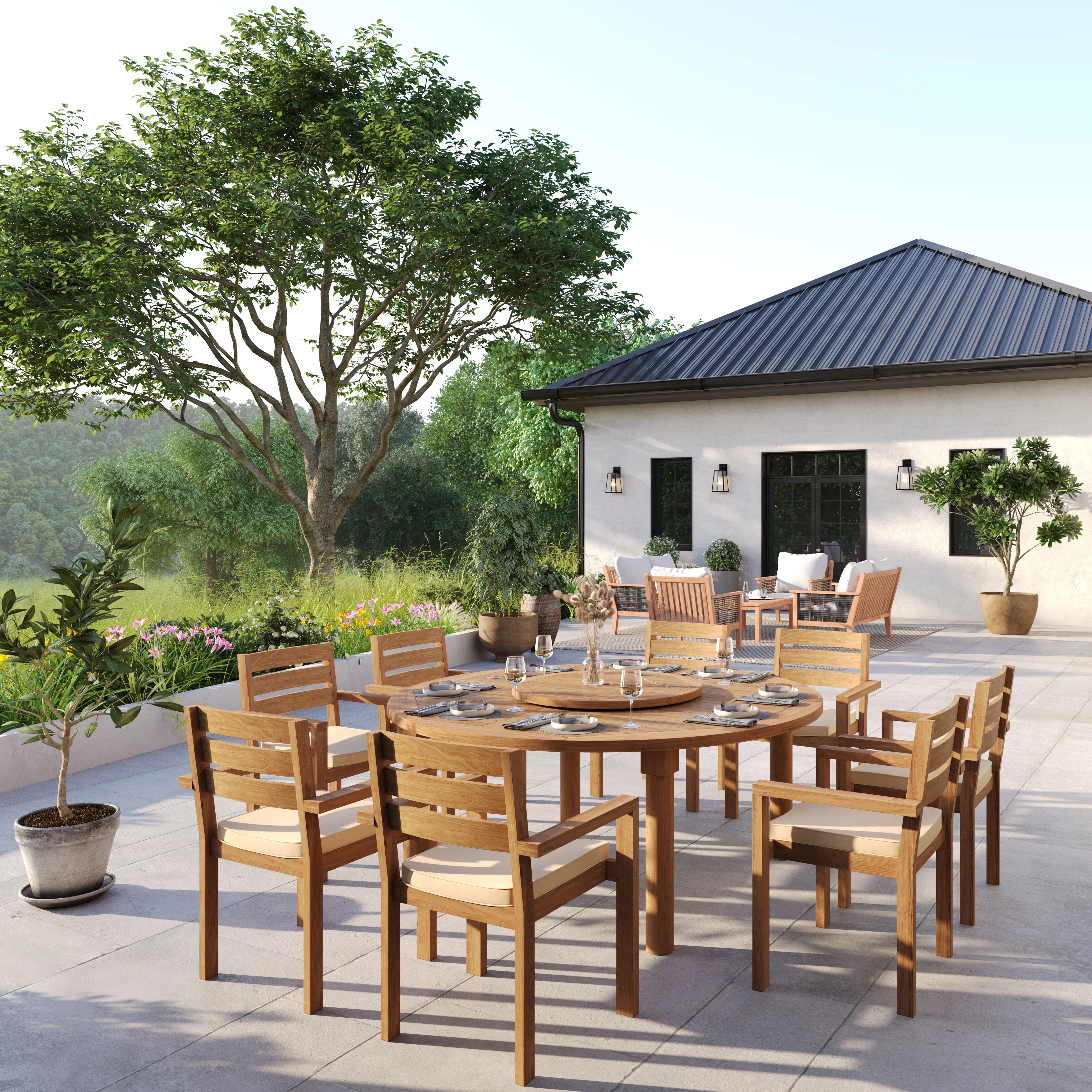 8 Seater Teak Garden Dining Set – 180cm Maximus Round Fixed Table with Marlow Stacking Chairs - Image 4
