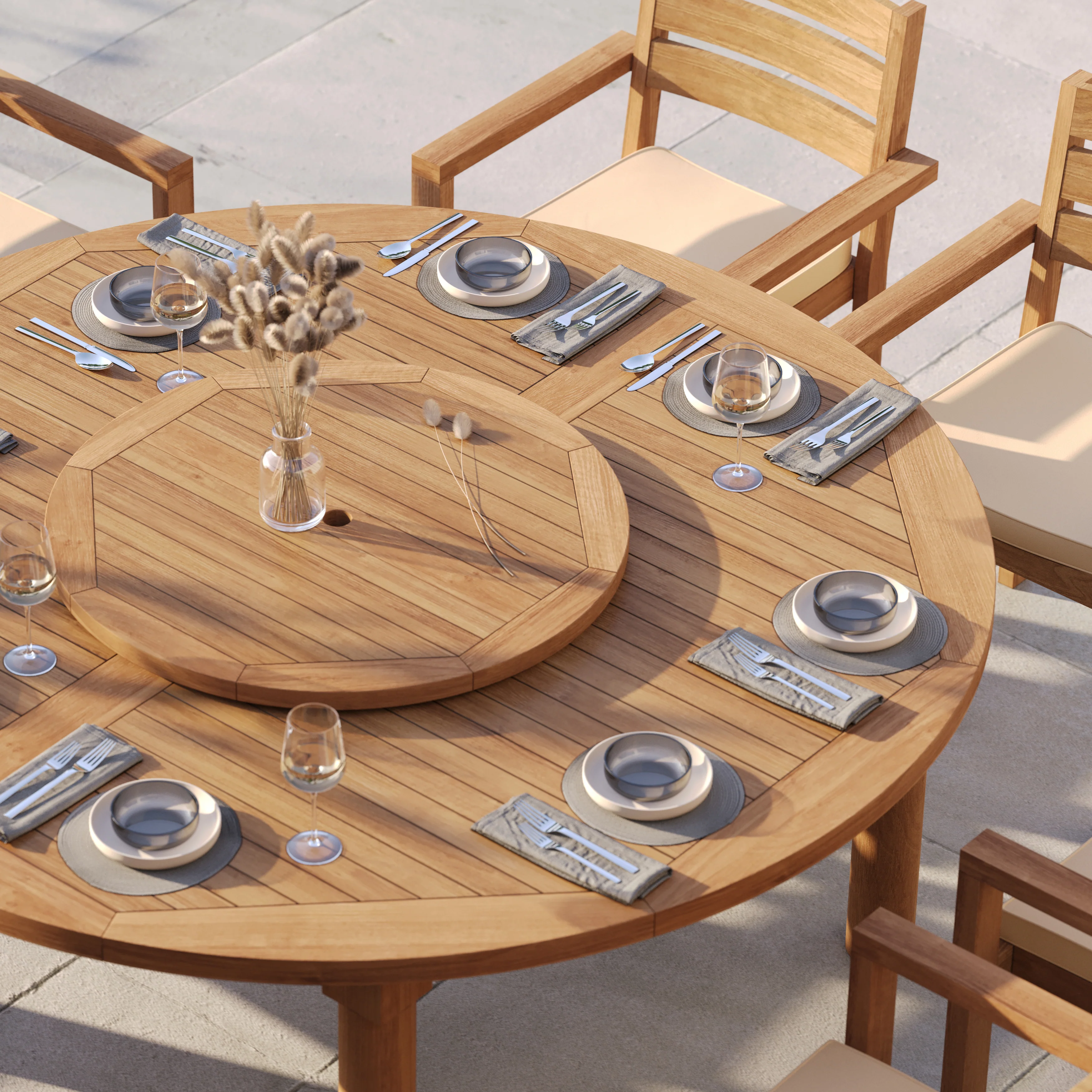 8 Seater Teak Garden Dining Set – 180cm Maximus Round Fixed Table with Marlow Stacking Chairs - Image 5