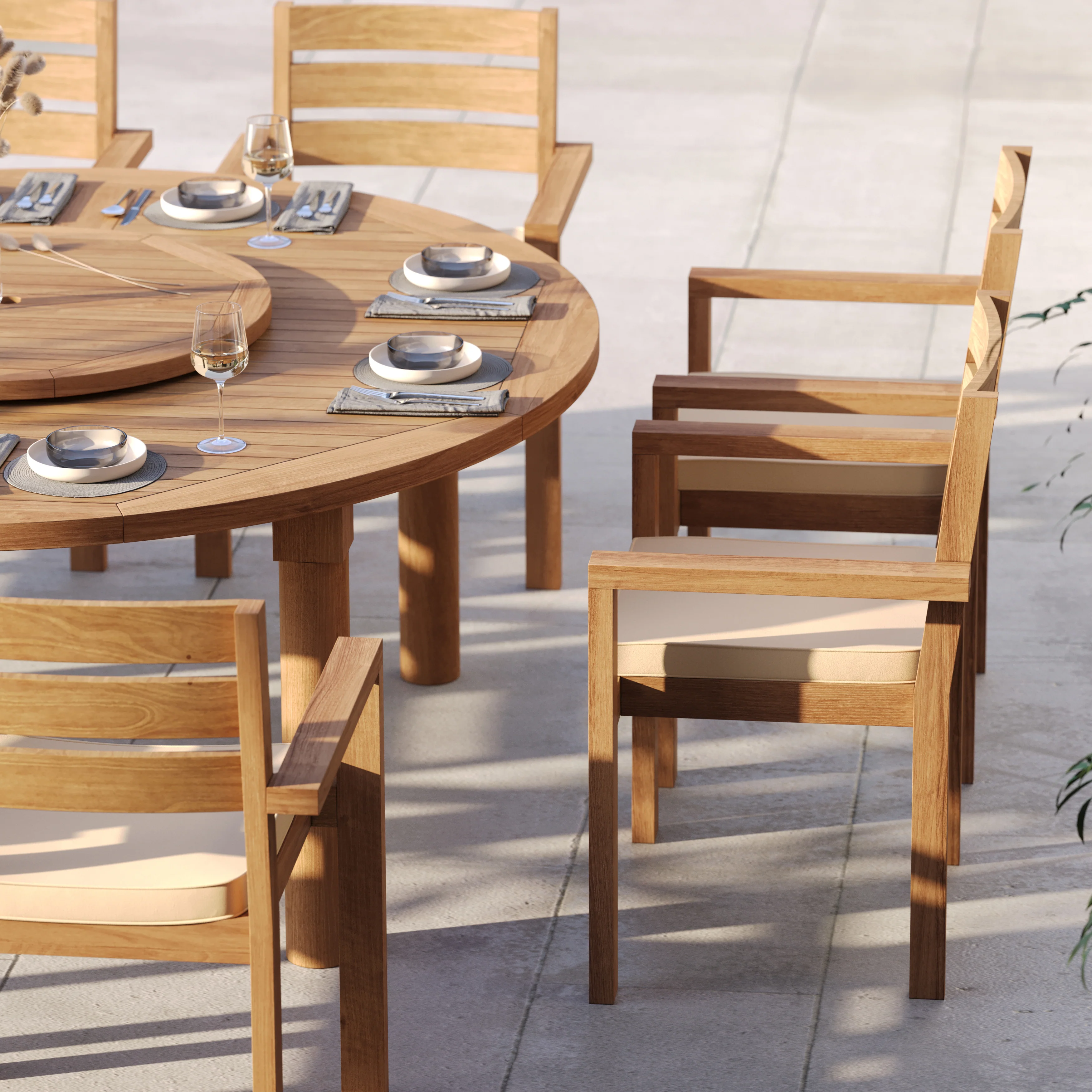 8 Seater Teak Garden Dining Set – 180cm Maximus Round Fixed Table with Marlow Stacking Chairs - Image 6