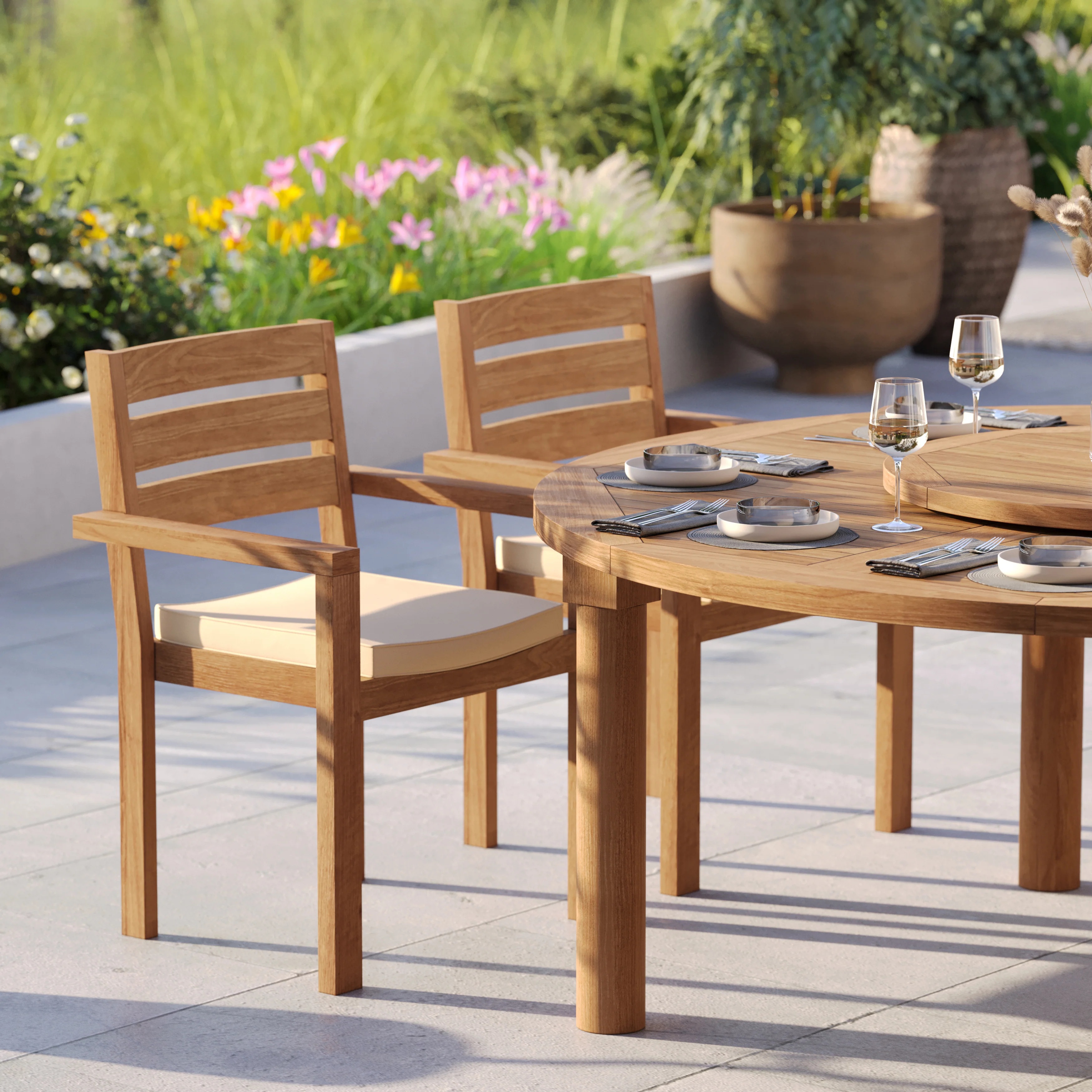 8 Seater Teak Garden Dining Set – 180cm Maximus Round Fixed Table with Marlow Stacking Chairs - Image 7