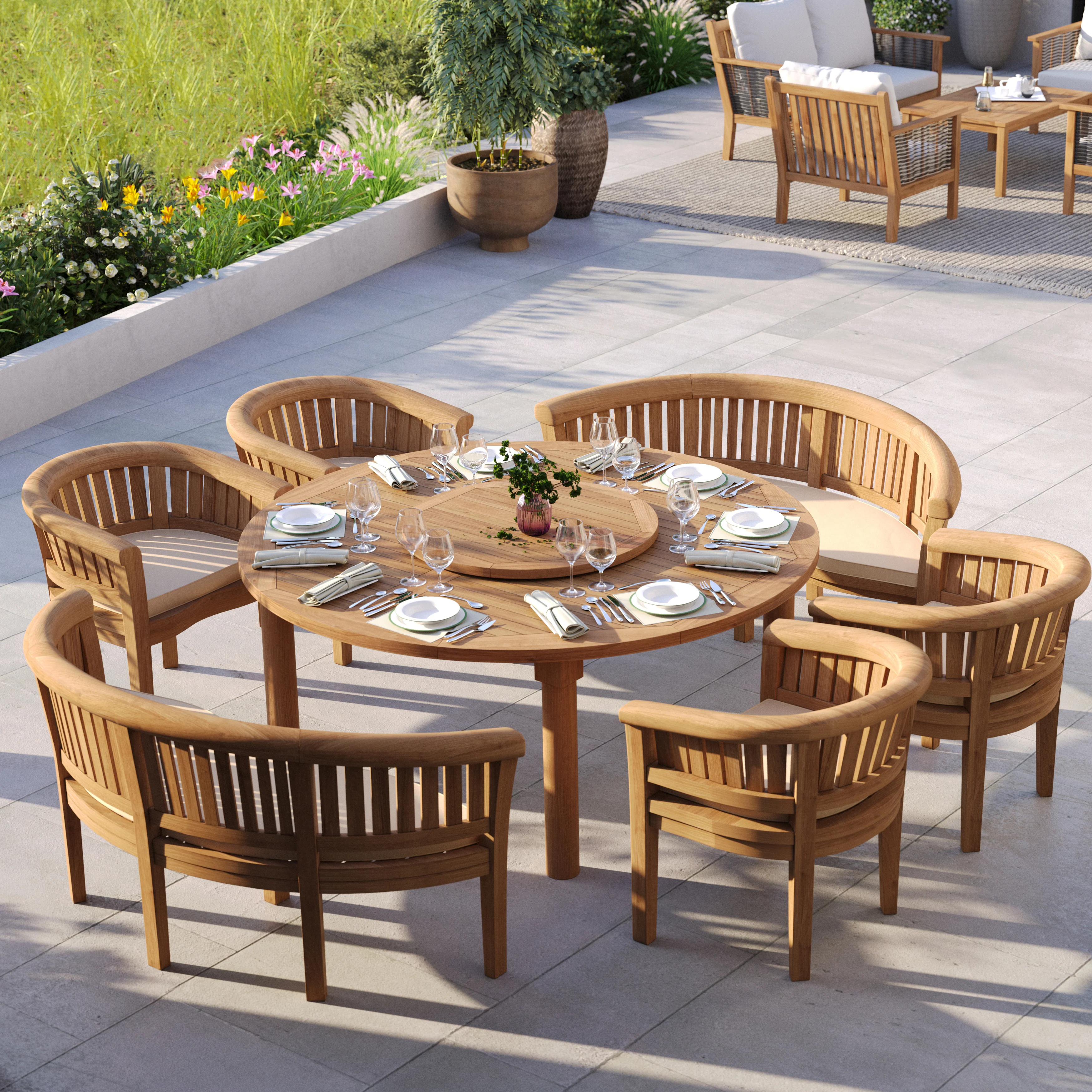 8 Seater Teak Garden Dining Set – 180cm Maximus Round Table with 4 San Francisco Chairs & 2 San Francisco Benches - Image 2