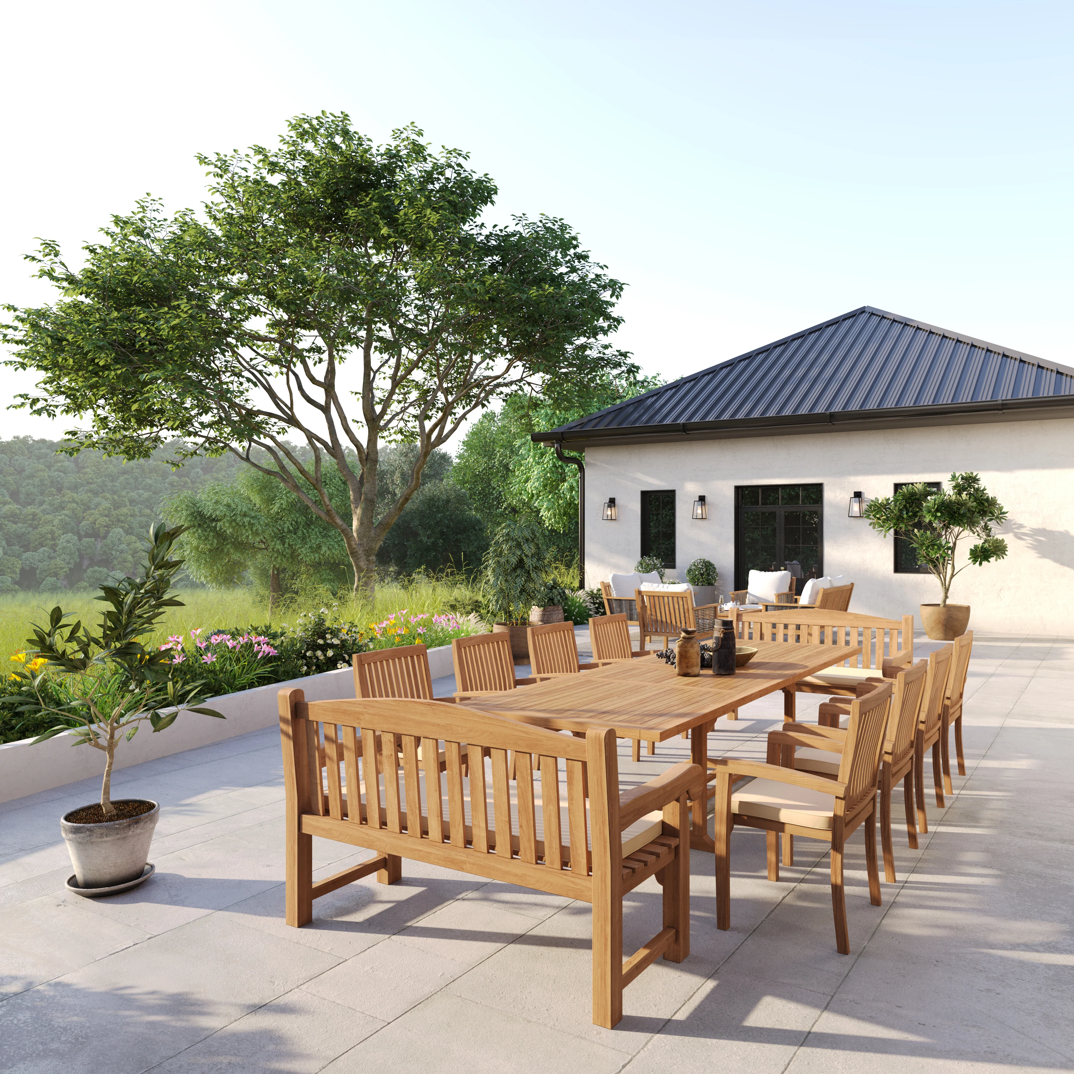 12 Seater Teak Garden Dining Set – 200–300cm Rectangular Extending Table, 4cm Top with 8 Henley Stacking Chairs & 2 Harmony Benches - Image 2
