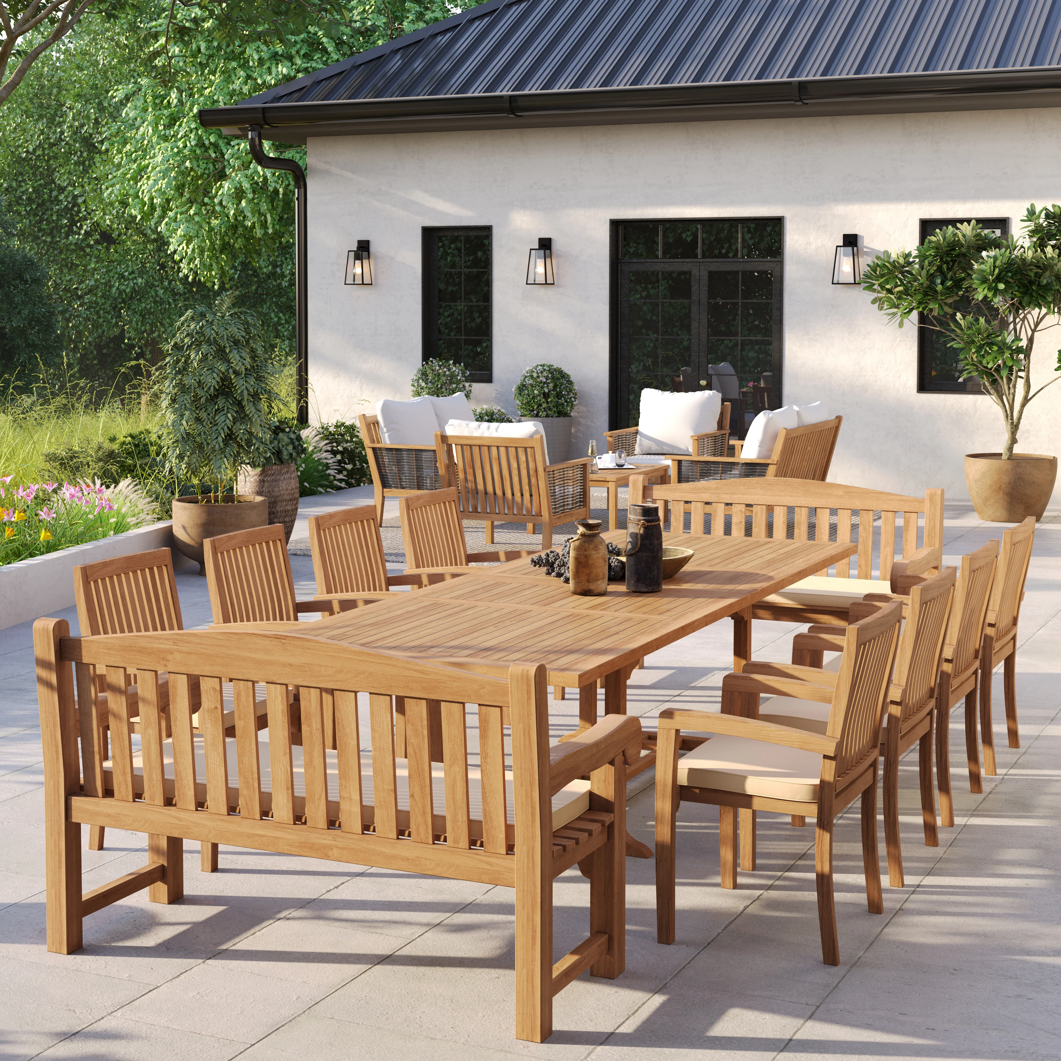 12 Seater Teak Garden Dining Set – 200–300cm Rectangular Extending Table, 4cm Top with 8 Henley Stacking Chairs & 2 Harmony Benches - Image 3