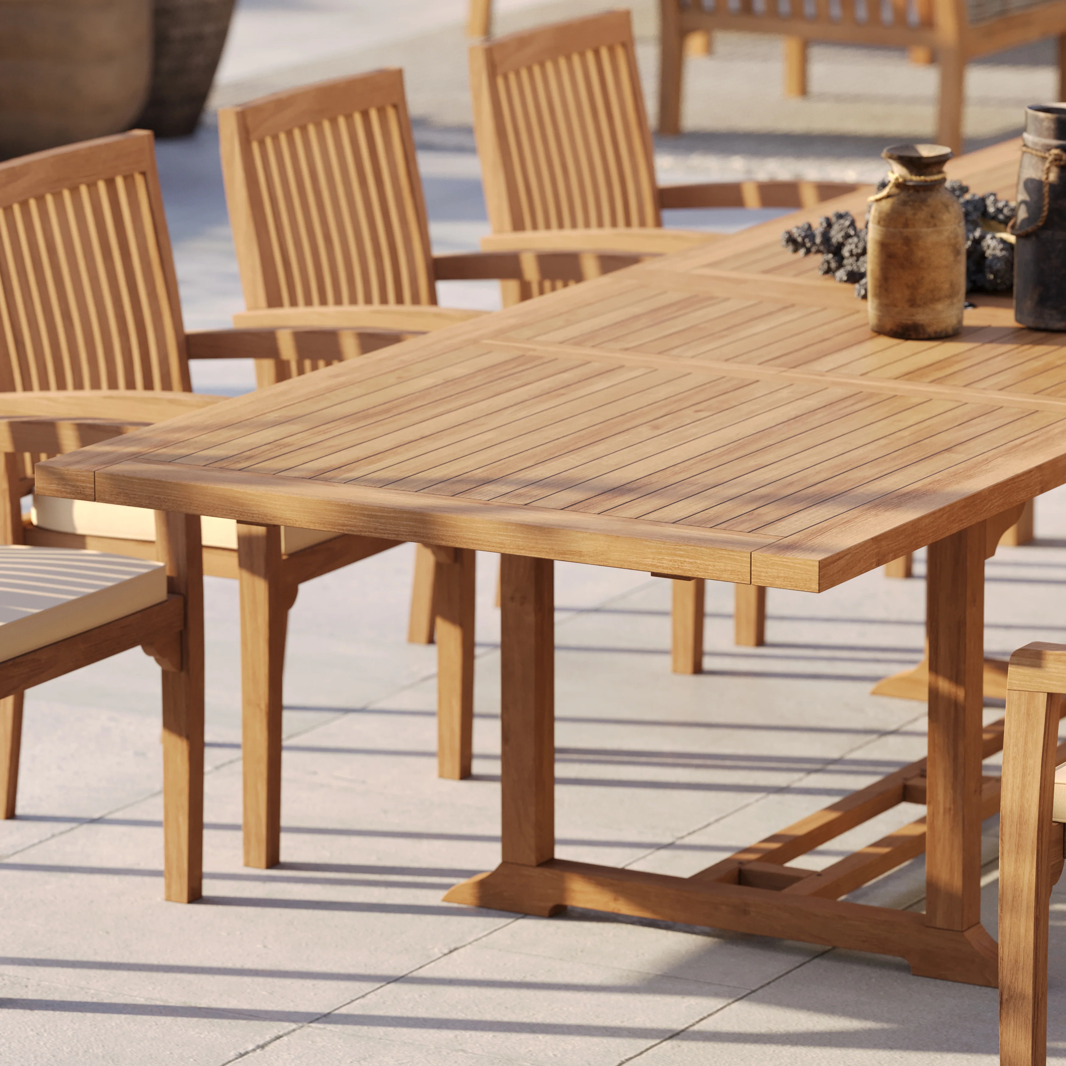 12 Seater Teak Garden Dining Set – 200–300cm Rectangular Extending Table, 4cm Top with 8 Henley Stacking Chairs & 2 Harmony Benches - Image 4