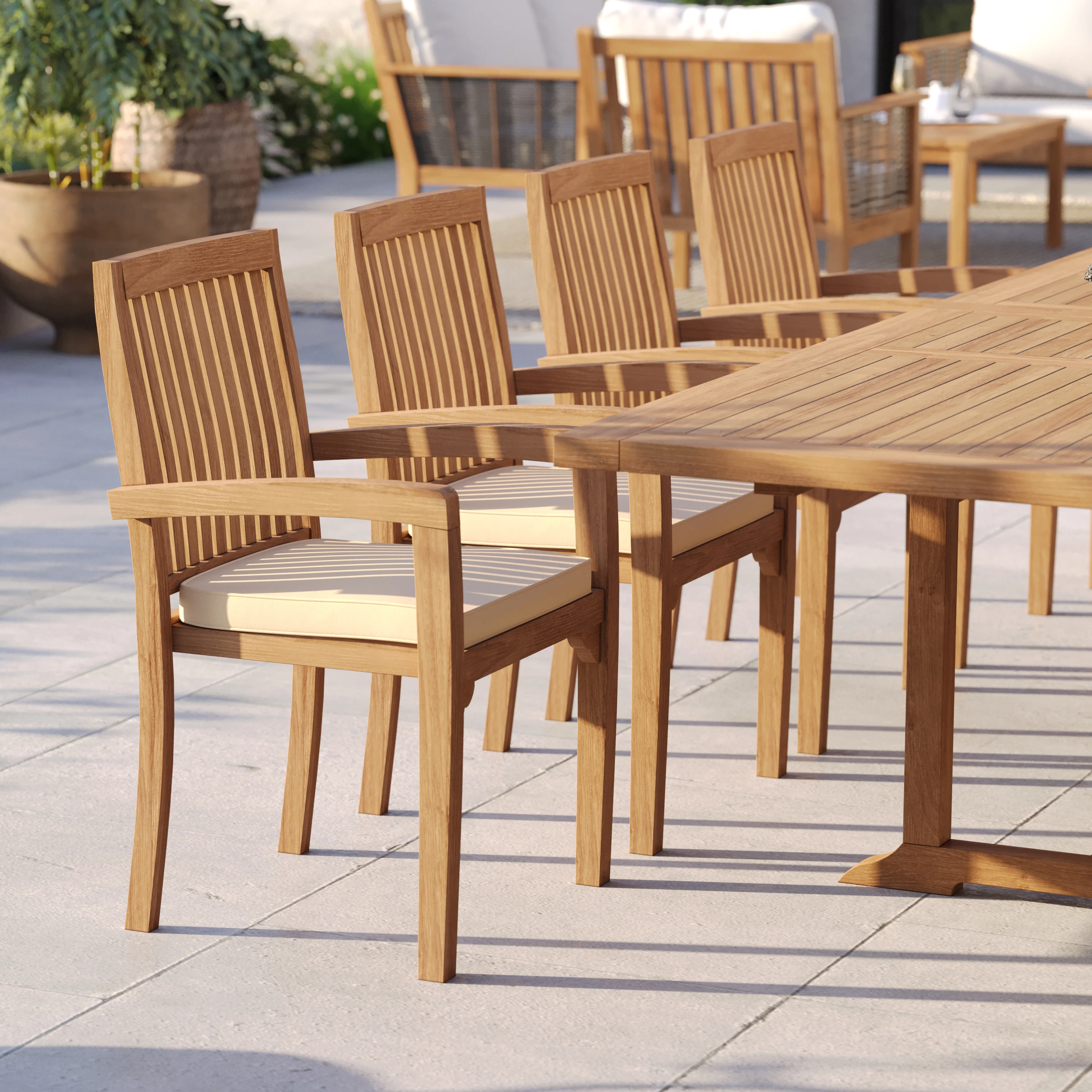 12 Seater Teak Garden Dining Set – 200–300cm Rectangular Extending Table, 4cm Top with 8 Henley Stacking Chairs & 2 Harmony Benches - Image 5