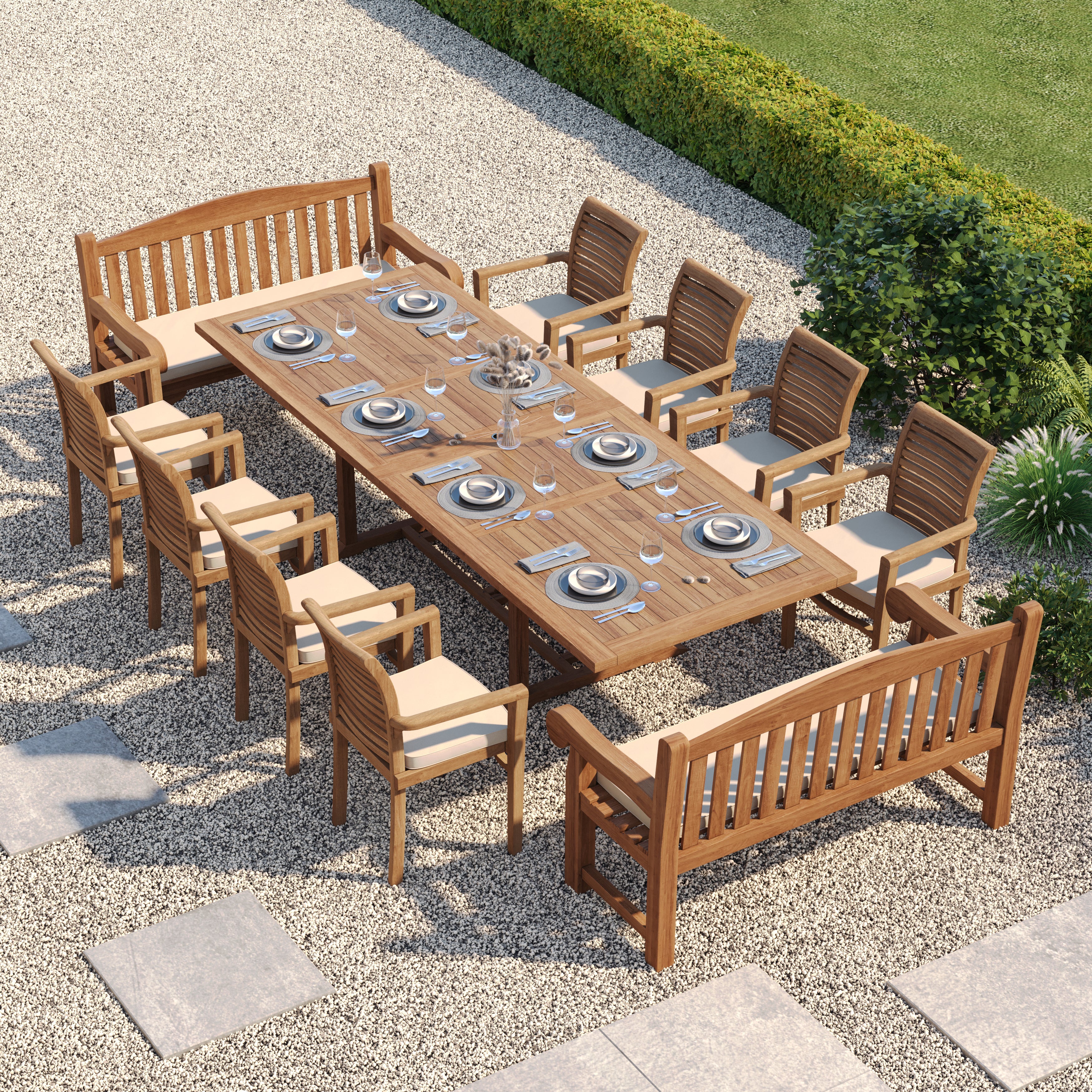 12 Seater Teak Garden Dining Set – 200–300cm Rectangular Extending Table, 4cm Top with 8 Oxford Stacking Chairs & 2 Harmony Benches