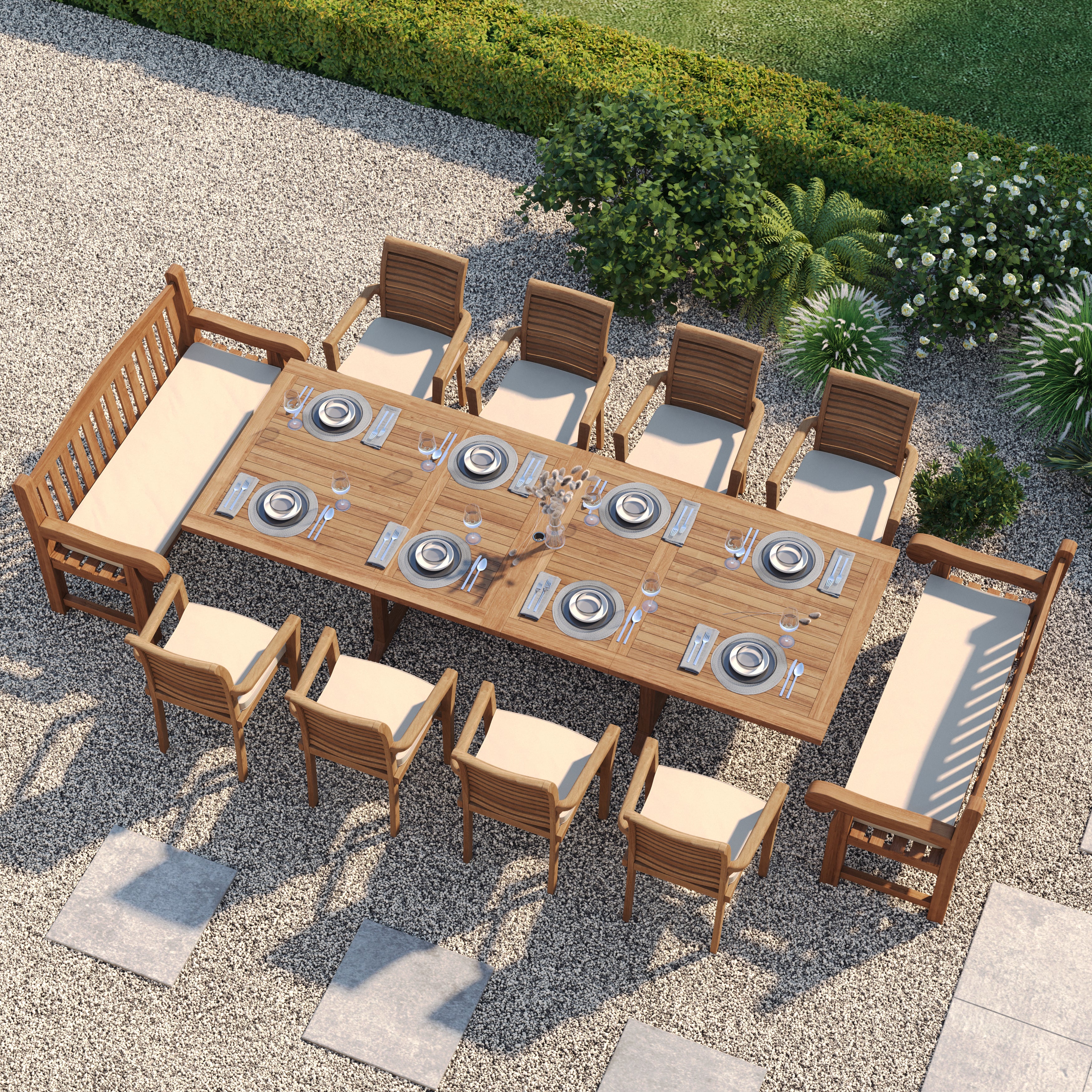12 Seater Teak Garden Dining Set – 200–300cm Rectangular Extending Table, 4cm Top with 8 Oxford Stacking Chairs & 2 Harmony Benches - Image 2