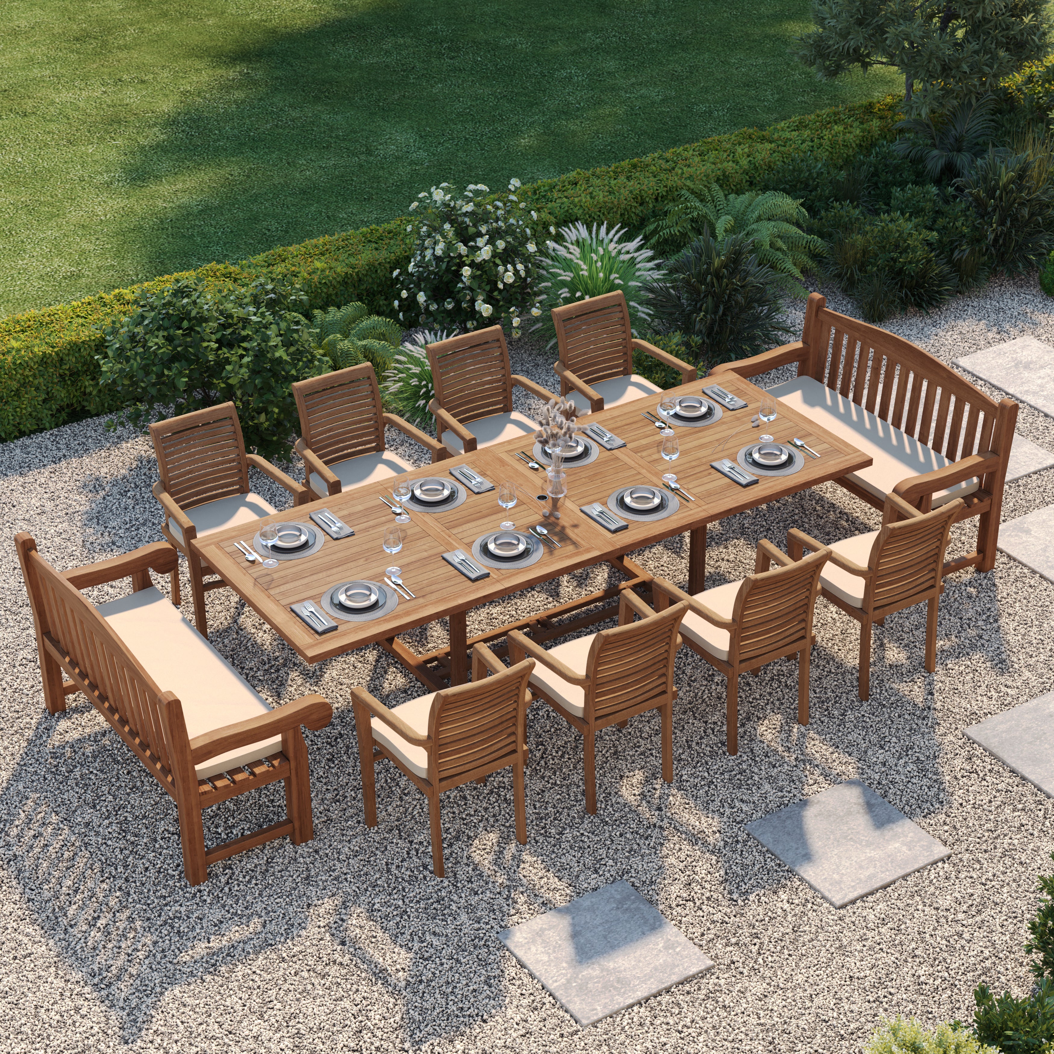 12 Seater Teak Garden Dining Set – 200–300cm Rectangular Extending Table, 4cm Top with 8 Oxford Stacking Chairs & 2 Harmony Benches - Image 3