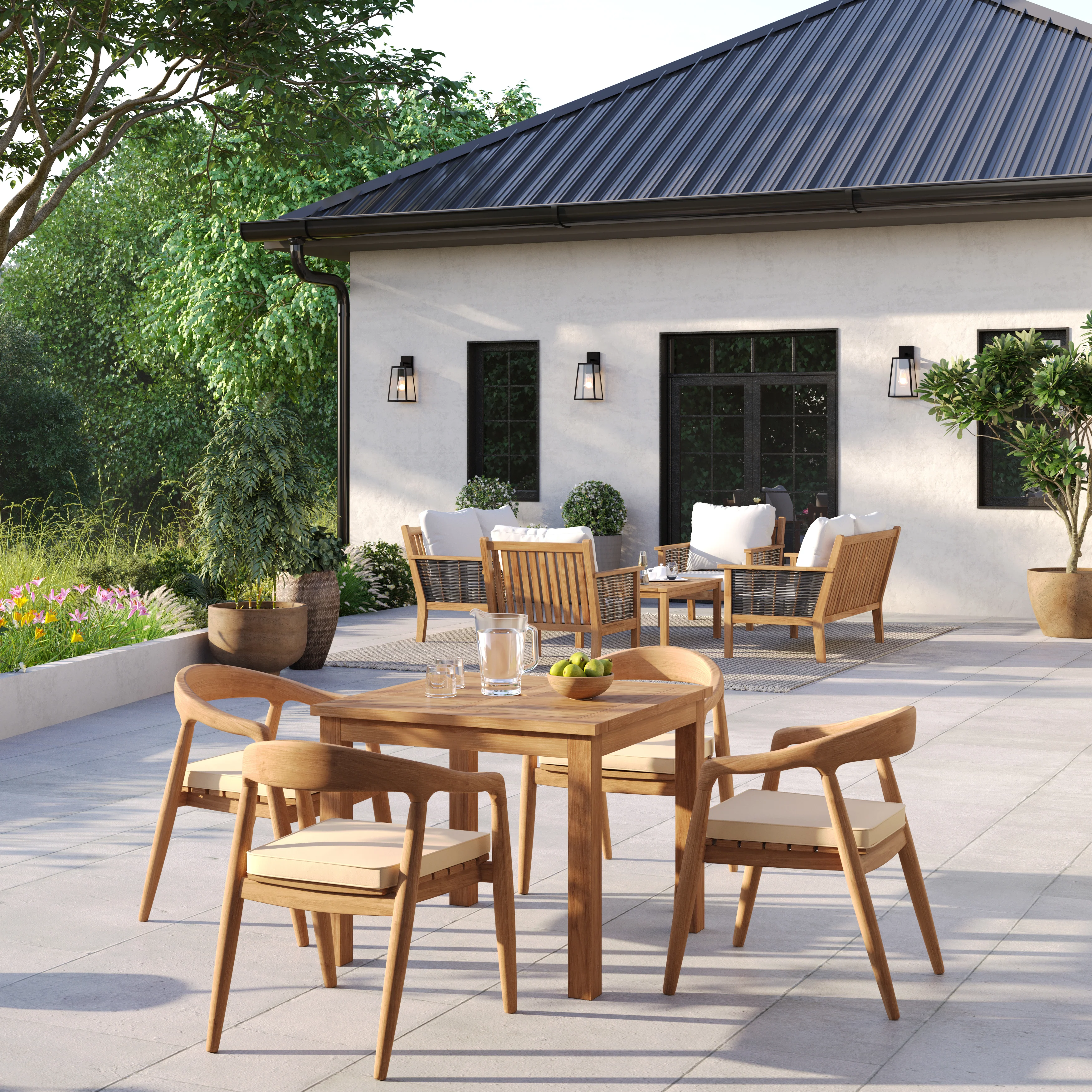 4 Seater Teak Garden Dining Set – 90cm Square Table, 4cm Top with Sydney Chairs