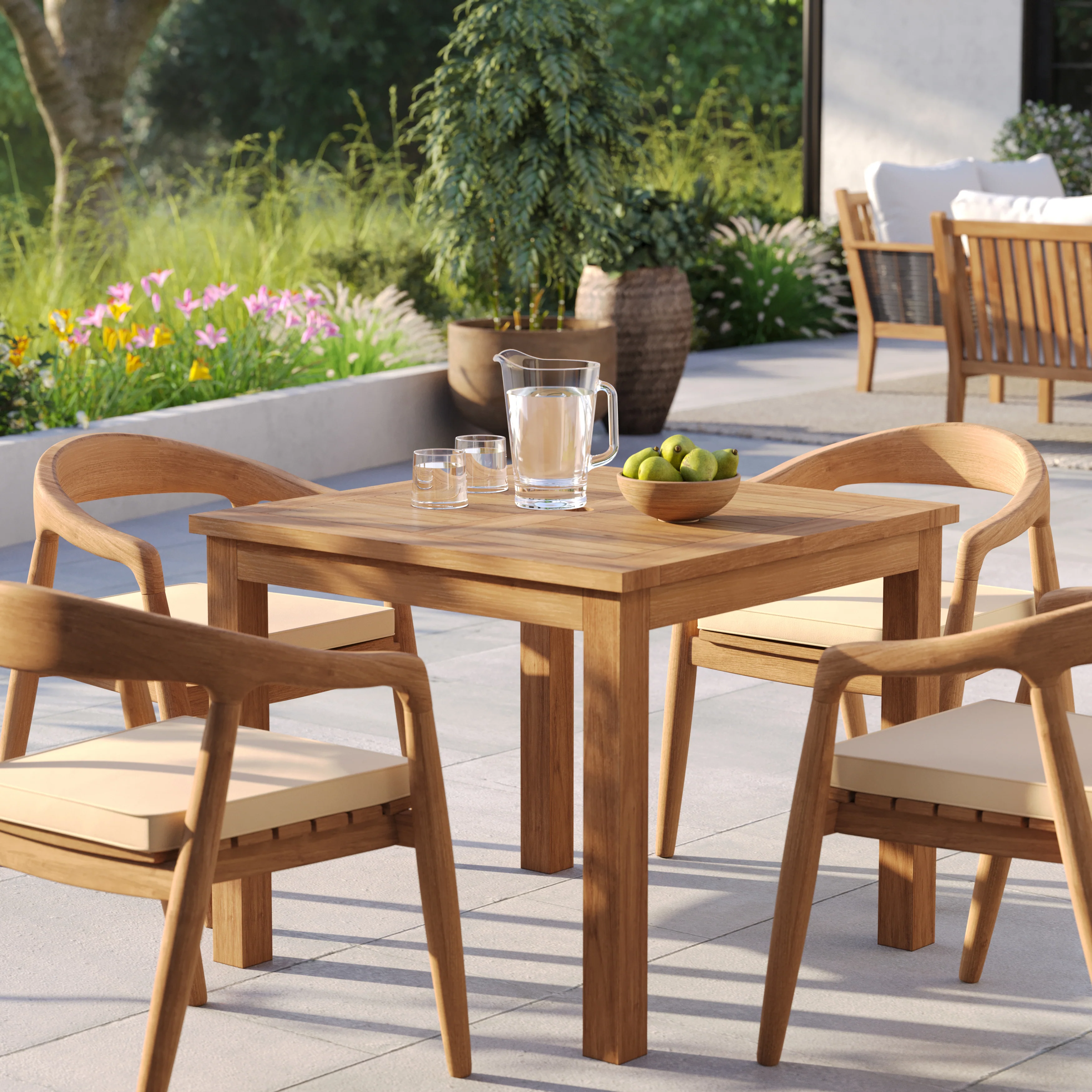 4 Seater Teak Garden Dining Set – 90cm Square Table, 4cm Top with Sydney Chairs - Image 3