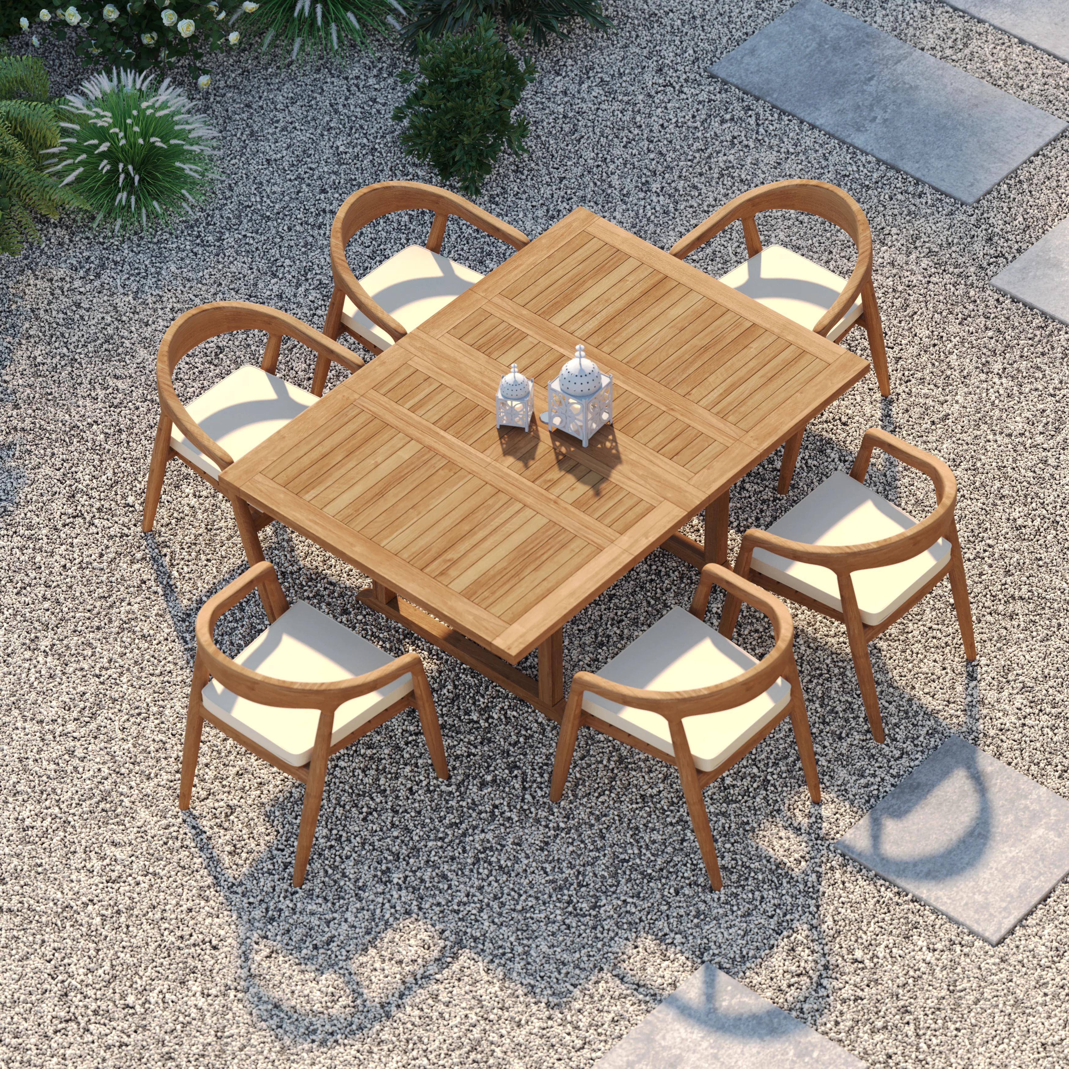 6 Seater Teak Garden Dining Set – 120–170cm Square-to-Rectangular Extending Table, 4cm Top with Sydney Chairs